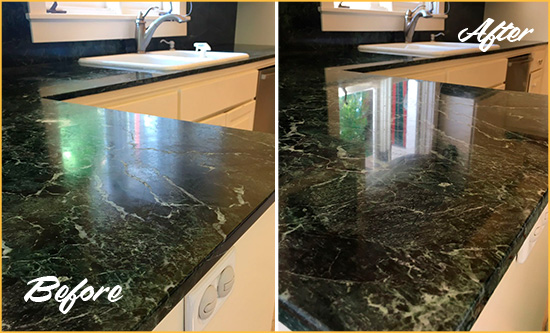 Before and After Picture of a Narcoossee Marble Kitchen Countertop Honed to Remove Water Marks