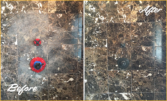 Before and After Picture of a Holopaw Marble Shower Honed to Remove Scratches