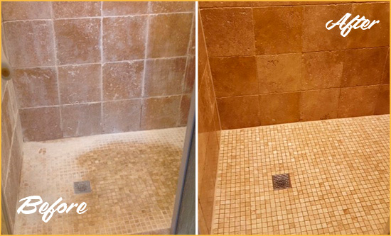 Before and After Picture of a Bull Creek Travertine Shower Honed to Remove Mineral Deposits