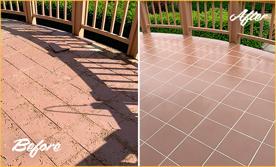 Before and After Picture of a Whittier Hard Surface Restoration Service on a Tiled Deck