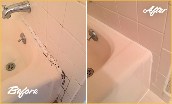 Before and After Picture of a Kissimmee Hard Surface Restoration Service on a Tile Shower to Repair Damaged Caulking