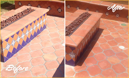 Before and After Picture of a Poinciana Hard Surface Restoration Service on a Dull Terracotta Patio Floor to Recover Its Color