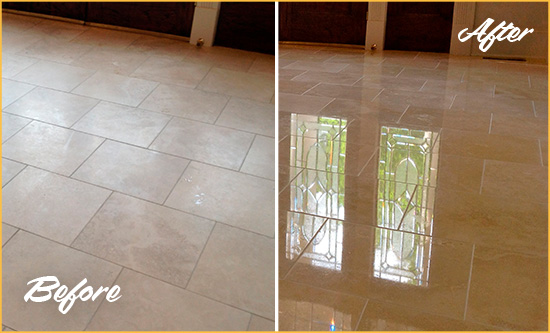 Before and After Picture of a Intercession City Hard Surface Restoration Service on a Dull Travertine Floor Polished to Recover Its Splendor