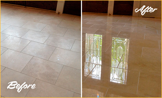 Before and After Picture of a St. Cloud Hard Surface Restoration Service on a Dull Travertine Floor Polished to Recover Its Splendor