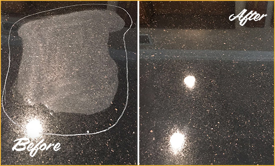 Before and After Picture of a Celebration Hard Surface Restoration Service on a Granite Countertop to Remove Scratches