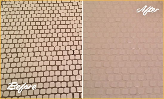 Before and After Picture of a St. Cloud Hard Surface Restoration Service on a Bathroom Tile Floor Recolored to Fix Grout Color