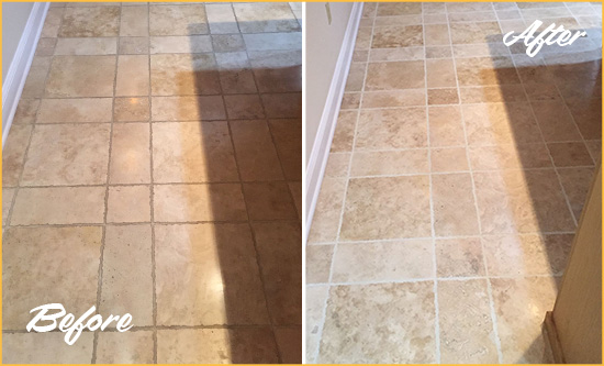 Before and After Picture of Four Corners Kitchen Floor Grout Cleaned to Recover Its Color