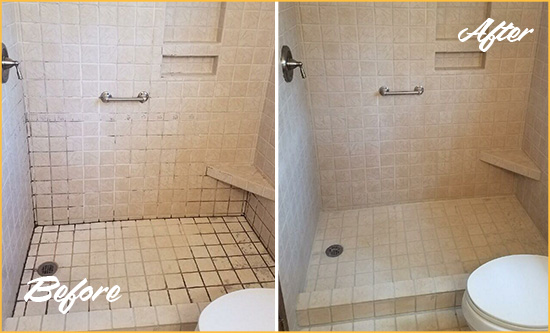 Before and After Picture of a Holopaw Shower Grout Cleaned to Remove Mold