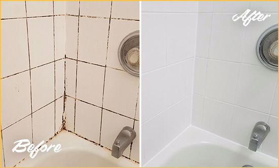 Before and After Picture of a Harmony Tub Grout Cleaned to Eliminate Mold