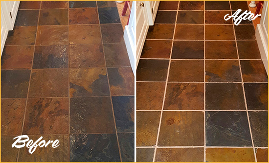 Before and After Picture of Kissimmee Slate Floor Grout Cleaned to Remove Dirt