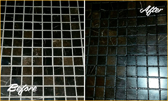 Before and After Picture of a Buenaventura Lakes Black Floor with Recolored Grout