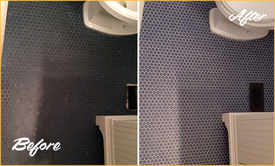 Before and After Picture of a Poinciana Blue Tile Floor Recolored Grout