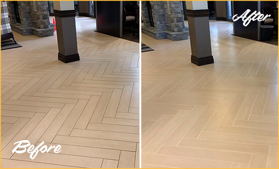 Before and After Picture of a Four Corners Office Lobby Floor Recolored Grout