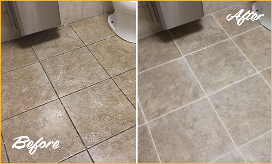 Before and After Picture of a St. Cloud Office Restroom Floor Recolored Grout