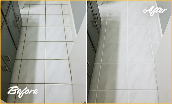 Before and After Picture of a Bull Creek White Ceramic Tile with Recolored Grout