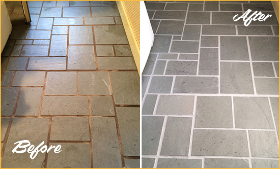 Before and After Picture of Damaged Celebration Slate Floor with Sealed Grout