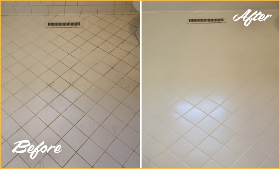 Before and After Picture of a Harmony White Bathroom Floor Grout Sealed for Extra Protection