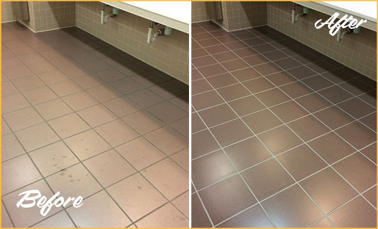 Before and After Picture of Dirty Four Corners Office Restroom with Sealed Grout