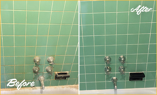Before and After Picture of a Intercession City Bath Tub Grout Sealed to Avoid Water Damage
