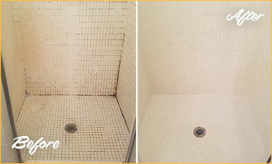 Before and After Picture of a Narcoossee Bathroom Grout Sealed to Remove Mold