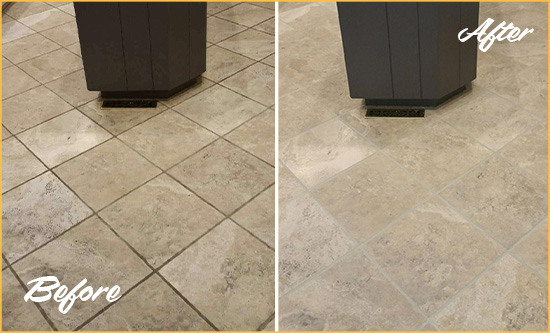 Before and After Picture of a Four Corners Kitchen Floor Grout Sealed to Remove Stains