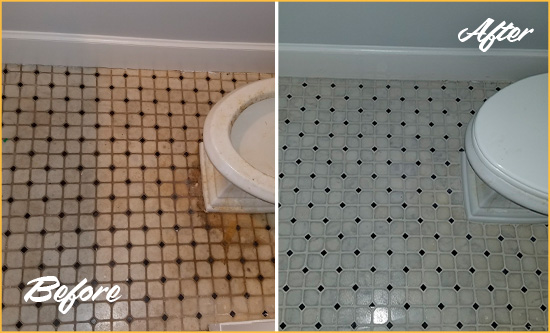 Before and After Picture of a Four Corners Bathroom Floor Cleaned to Remove Embedded Dirt