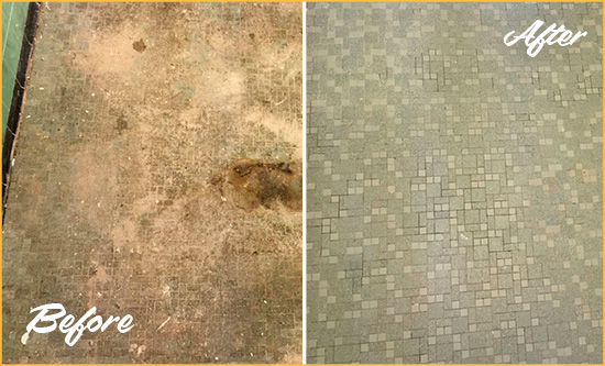 Before and After Picture of a Campbell Mosaic Shower Cleaned to Eliminate Embedded Dirt