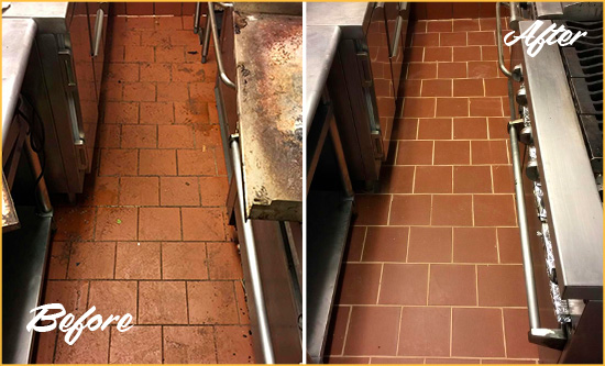Before and After Picture of a Dull Poinciana Restaurant Kitchen Floor Cleaned to Remove Grease Build-Up