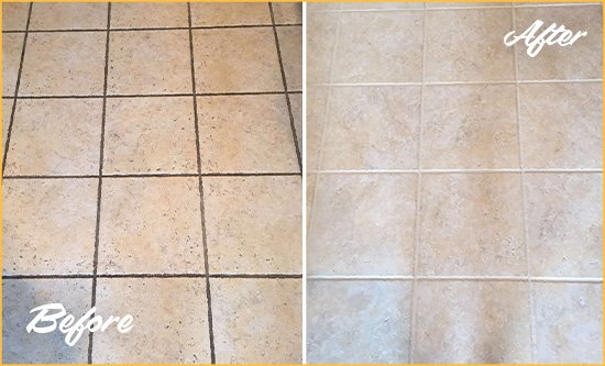 Before and After Picture of a Four Corners Ceramic Floor Cleaned to Remove Soil
