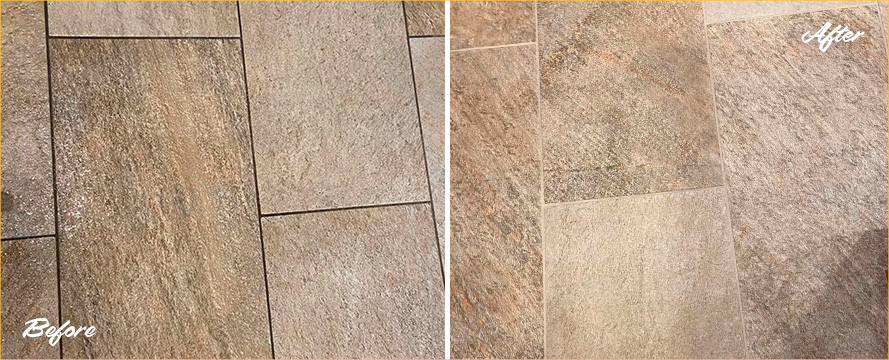 Floor Before and After a Remarkable Grout Cleaning in Kissimmee, FL