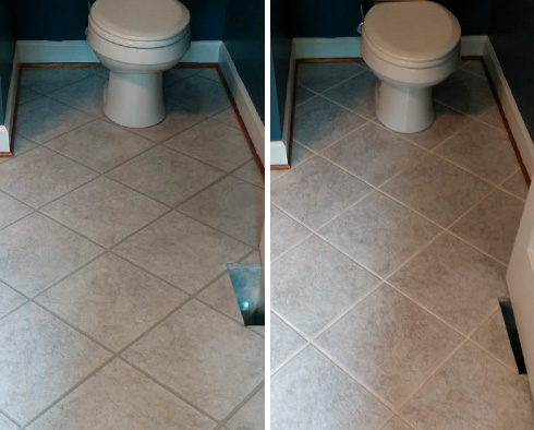 Bathroom Floor Before and After a Grout Recoloring in Narcoossee