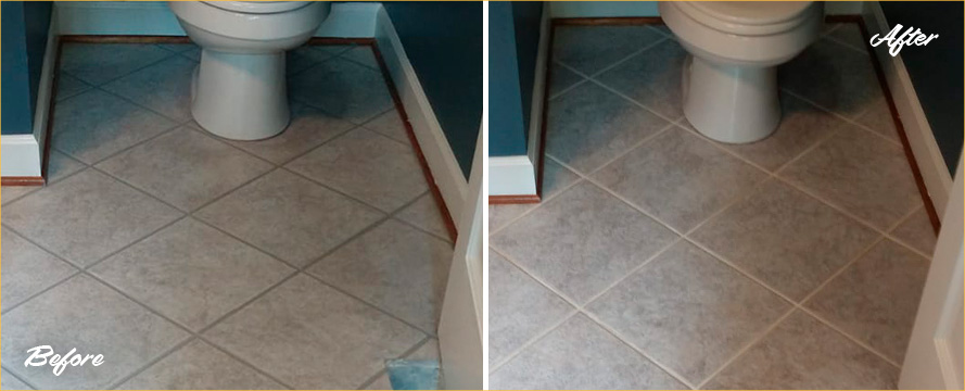 Bathroom Floor Before and After a Grout Recoloring in Narcoossee