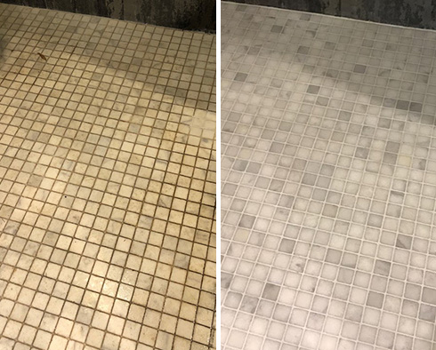 Bathroom Floor Before and After a Grout Cleaning in Davenport, FL