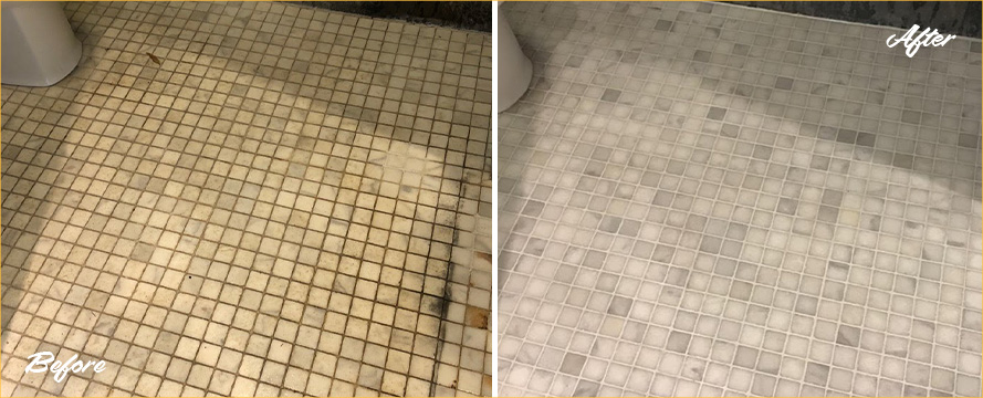 Bathroom Floor Before and After a Superb Grout Cleaning in Davenport, FL
