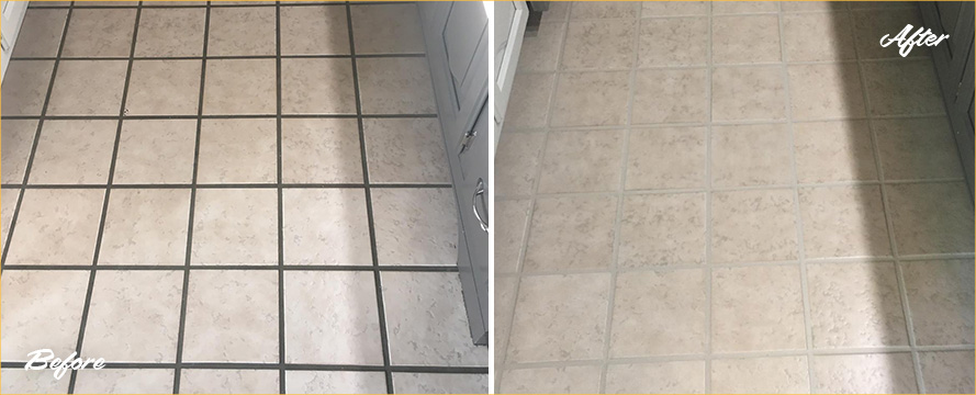 Kitchen Floor Before and After a Grout Cleaning in St. Cloud