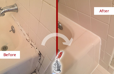 Sir Grout Restored This St. Cloud Tile Shower to Repair Damaged Caulking Before and After Picture of a St. Cloud Hard Surface Restoration Service on a Tile Shower to Repair Damaged Caulking