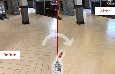 Before and After Picture of a St. Cloud Hard Surface Restoration Service on an Office Lobby Tile Floor to Remove Embedded Dirt