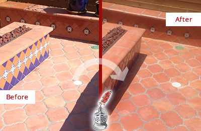 Before and After Picture of a St. Cloud Hard Surface Restoration Service on a Dull Terracotta Patio Floor to Recover Its Color