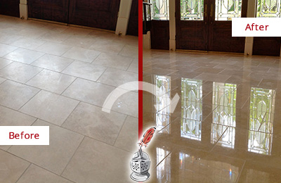 Before and After Picture of a St. Cloud Hard Surface Restoration Service on a Dull Travertine Floor Polished to Recover Its Splendor