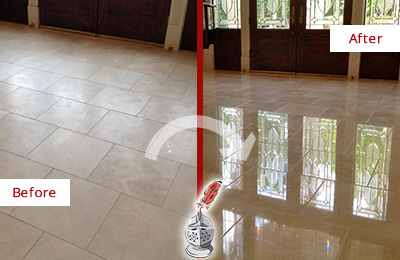 Sir Grout Restored This St. Cloud Dull Travertine Floor to Recover Its Splendor with a Stone Polishing Service Before and After Picture of a St. Cloud Hard Surface Restoration Service on a Dull Travertine Floor Polished to Recover Its Splendor