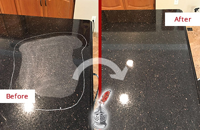 Sir Grout Restored This St. Cloud Granite Countertop to Remove Scratches Before and After Picture of a St. Cloud Hard Surface Restoration Service on a Granite Countertop to Remove Scratches