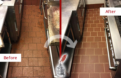 Before and After Picture of a St. Cloud Hard Surface Restoration Service on a Restaurant Kitchen Floor to Eliminate Soil and Grease Build-Up