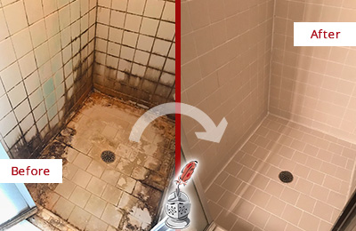 Sir Grout Restored This St. Cloud Tile Bathroom to Repair Water Damage Before and After Picture of a St. Cloud Hard Surface Restoration Service on a Tile Bathroom to Repair Water Damage